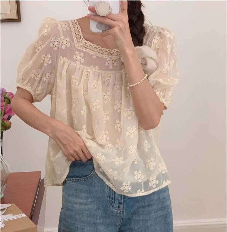Korean Style Flower Embroidered Lace Womens Blouses Square Collar Short Sleeve, Apricot
Korean Style Flower Embroidered Lace Womens Blouses Square Collar Short Sleeve, Apricot