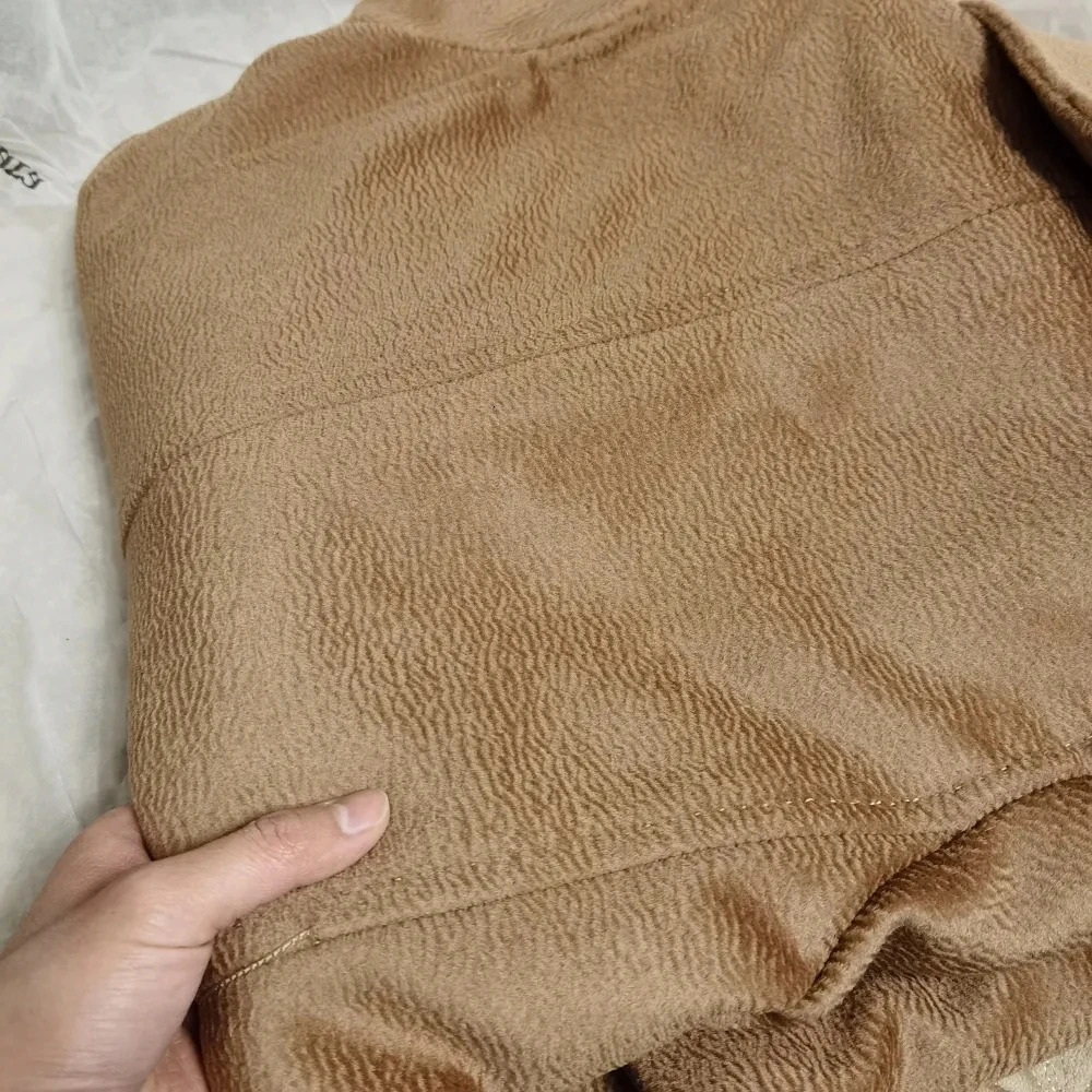 Women's Wool Blends High-end Camel Hair Coat Women Classic Water Ripple Camel Overcoat Female Mid-length Autumn Winter Camel Jacket Fashion Red C