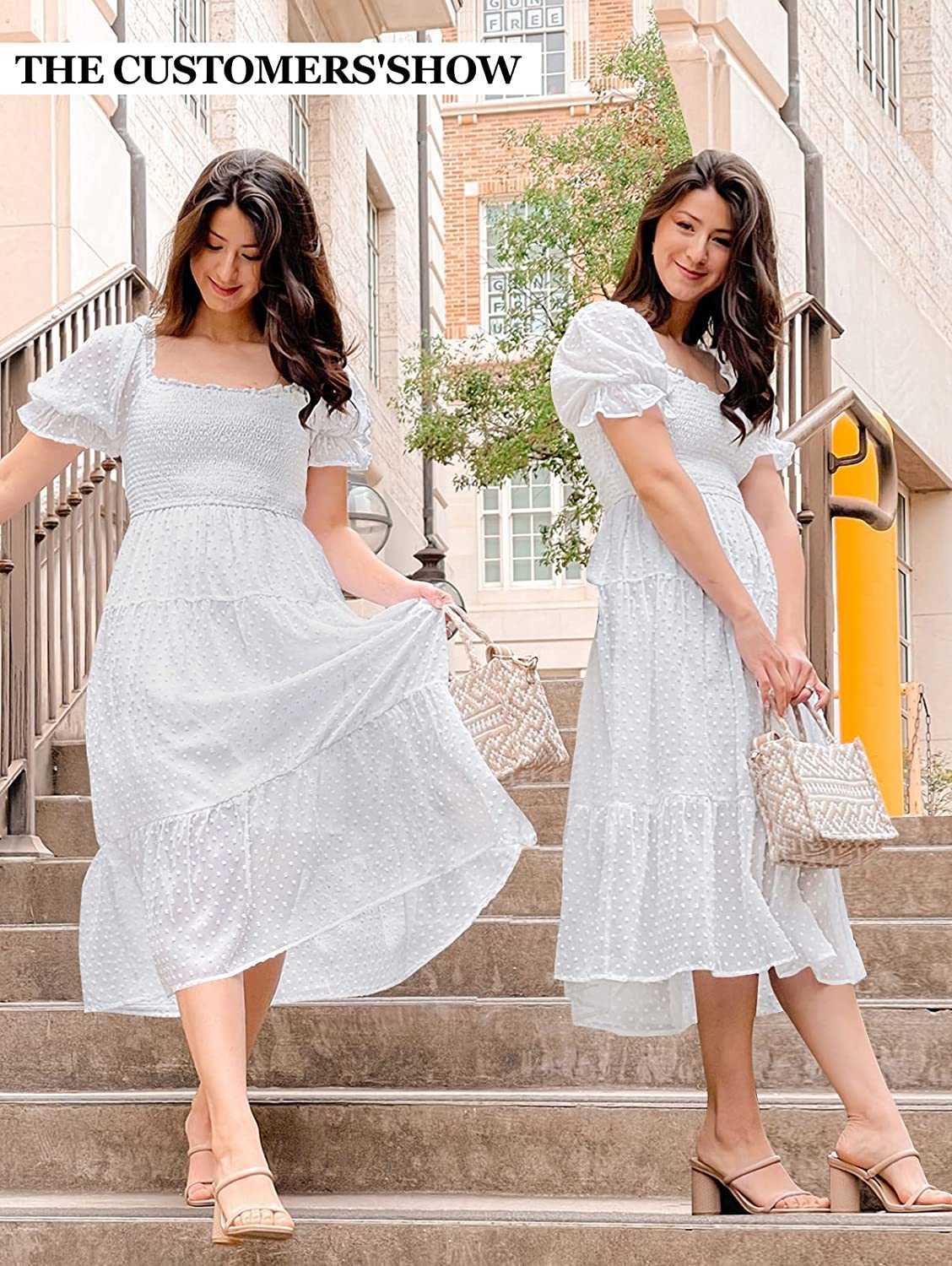 Fashion Women's Casual Dresses Summer Square Neck Puff Sleeve Boho Midi Dress Swiss Dot Ruffle Flowy Tie Back Dress