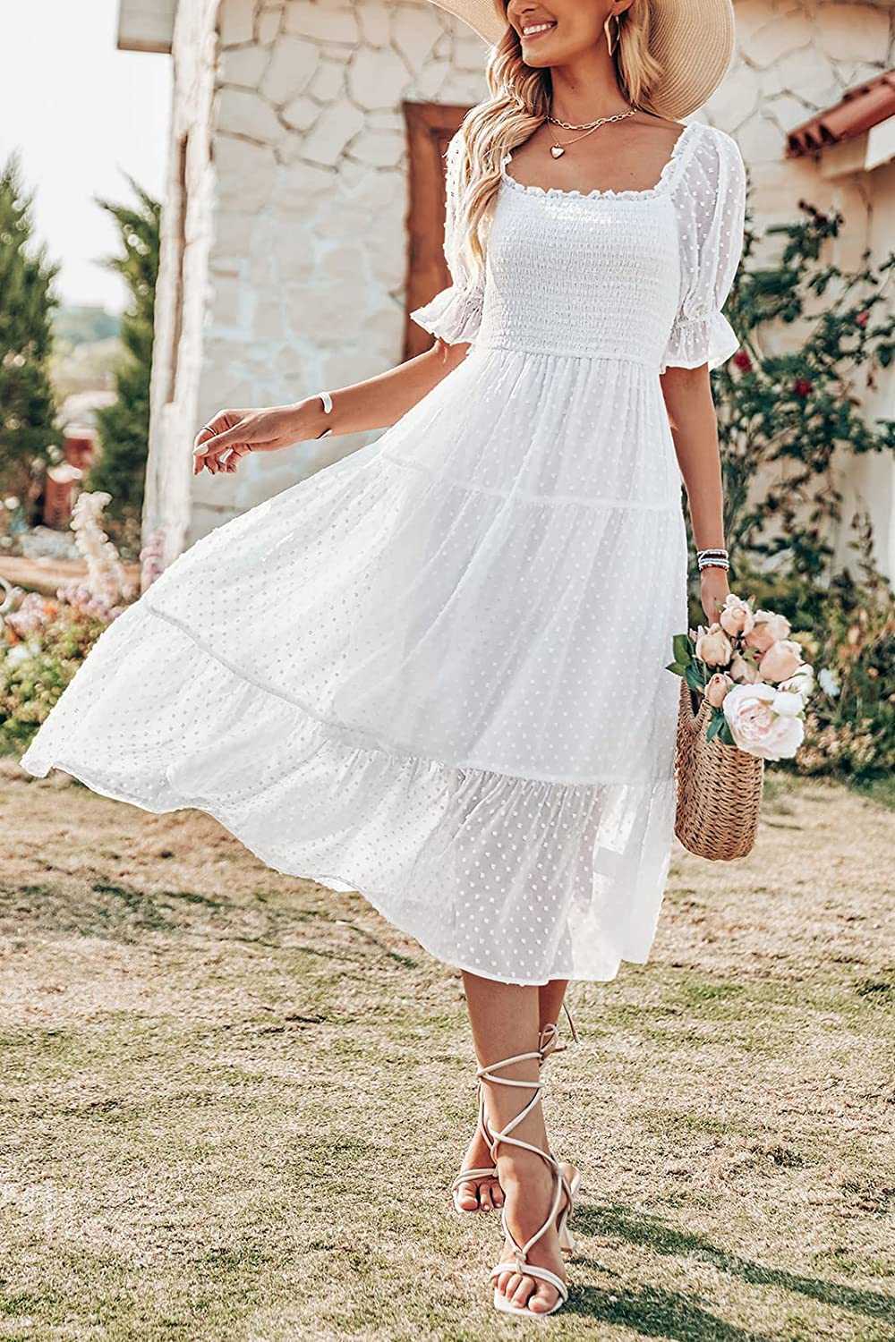 Fashion Women's Casual Dresses Summer Square Neck Puff Sleeve Boho Midi Dress Swiss Dot Ruffle Flowy Tie Back Dress