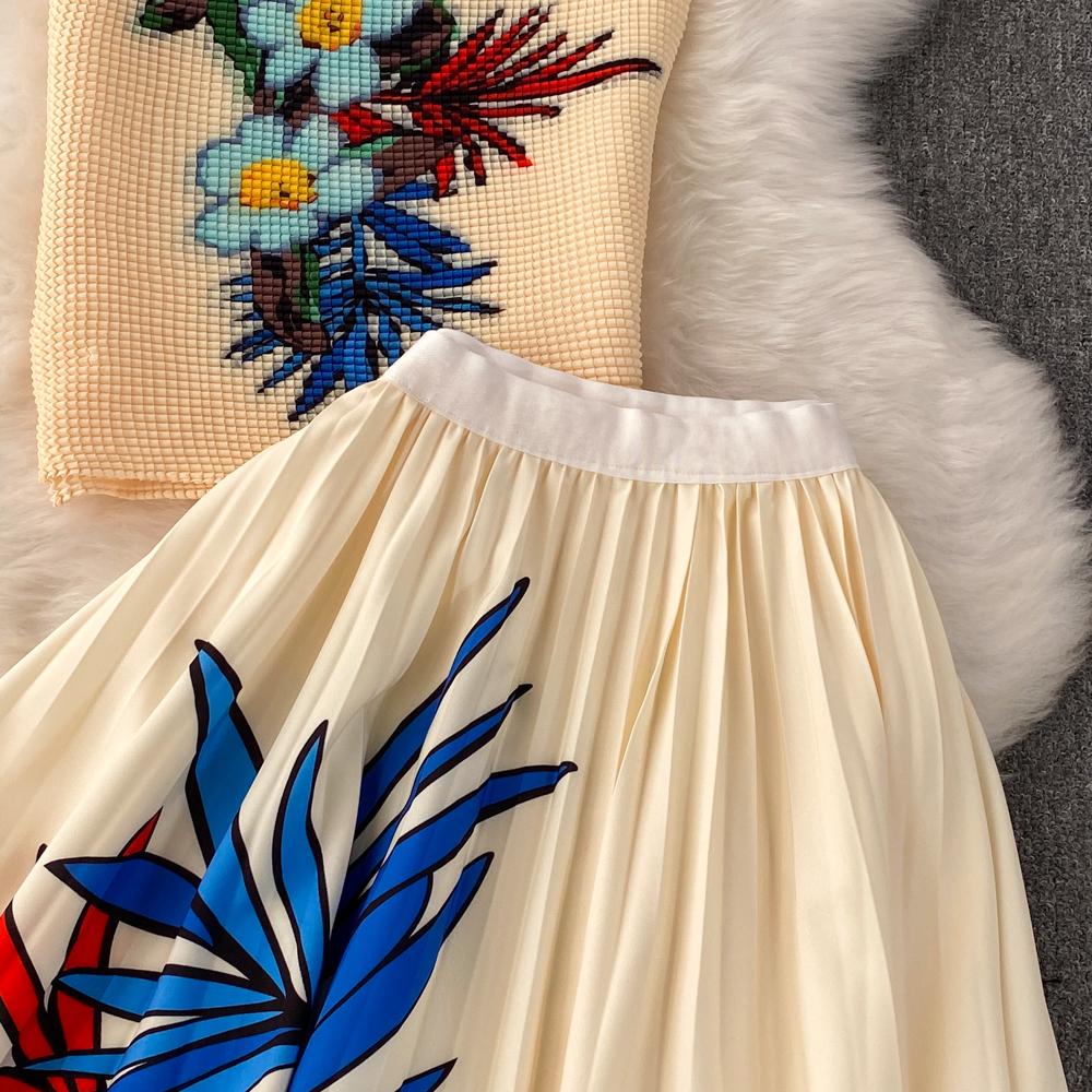 Two Piece Dress Pleated Suit for Women 2023 Summer Fashion Floral Printing Short Sleeve High Neck Top High Waist Skirt Two-Piece Set