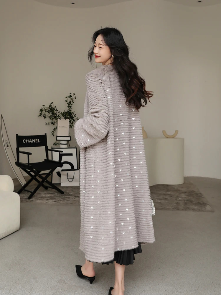 Women's Fur Faux HDHOHR 2023 High Quality Knitted Mink Coats Fashion Natural Jacket Mermaid decoration Long Winter Female Warm Coat 231114