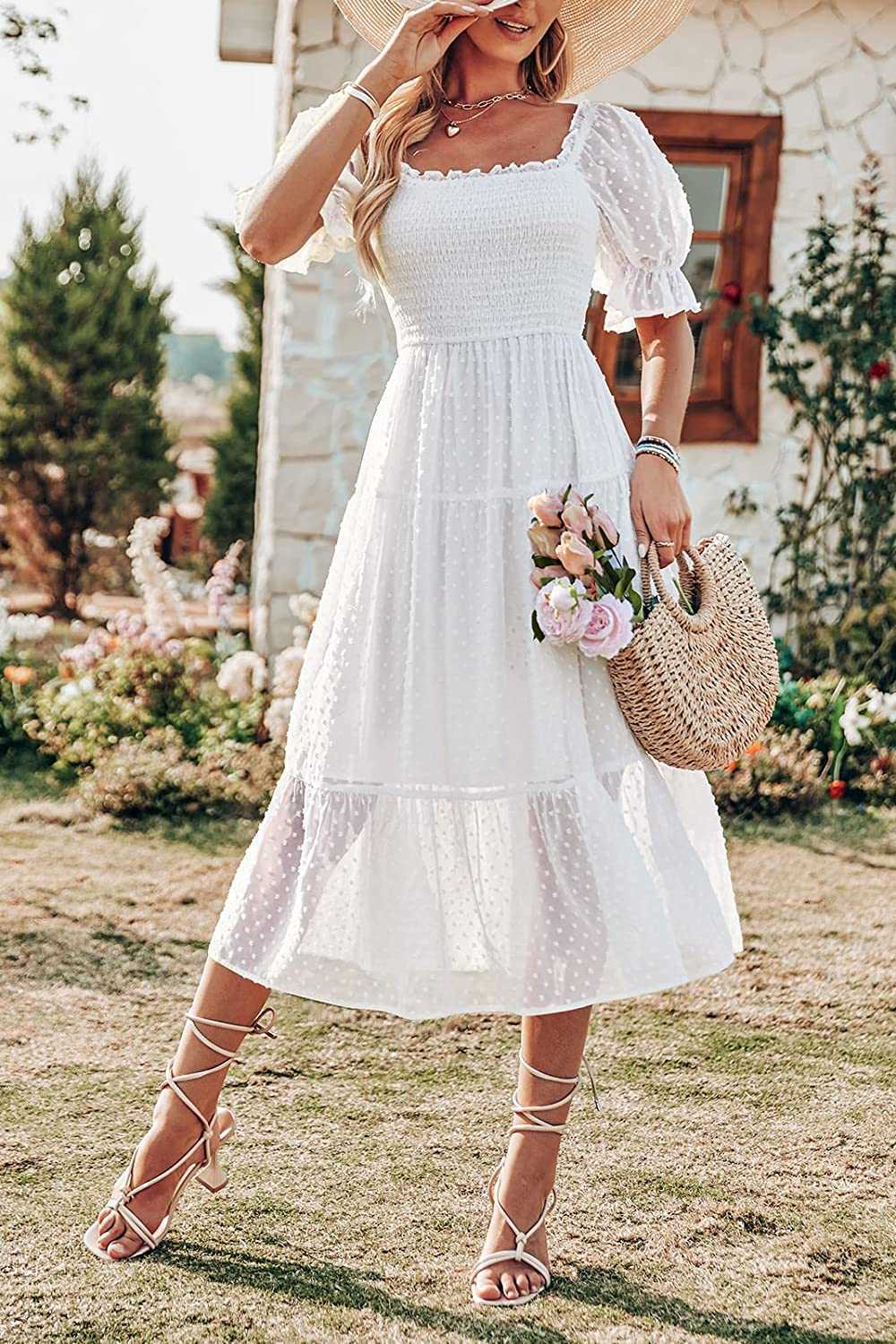 Fashion Women's Casual Dresses Summer Square Neck Puff Sleeve Boho Midi Dress Swiss Dot Ruffle Flowy Tie Back Dress