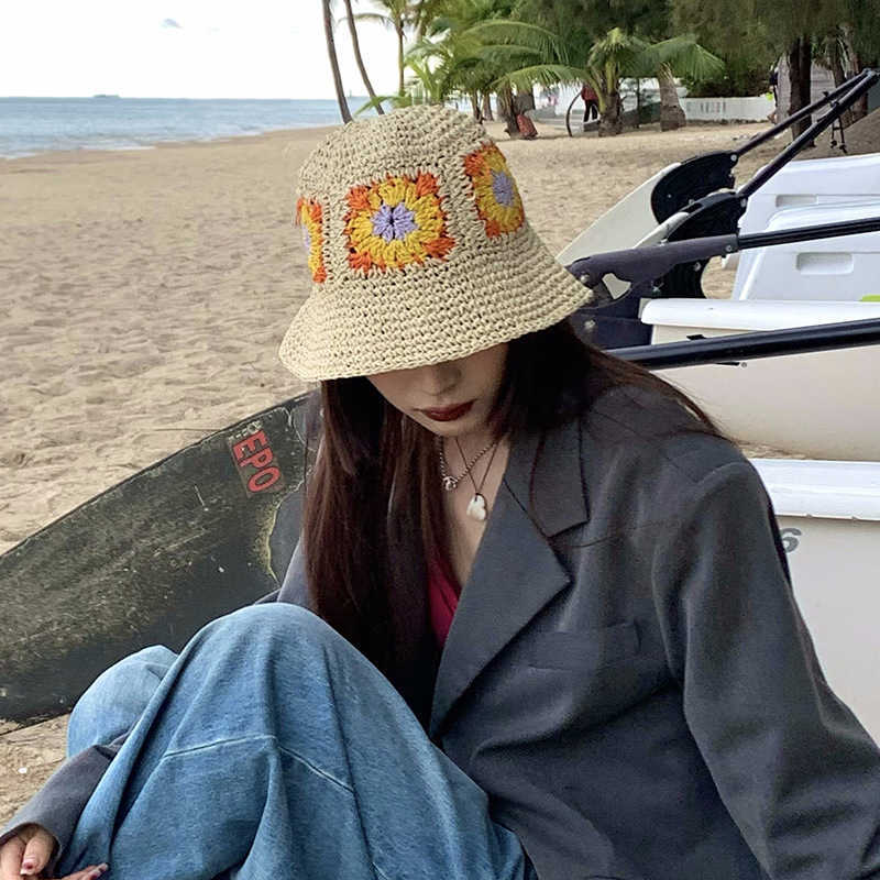 Wide Brim Hats Japan Korea Crochet Sun Hat Women Summer Flowers Pure Hand Woven Straw Beach Hat Sunshade Fisherman Caps Breathable Bucket Hat AA230414