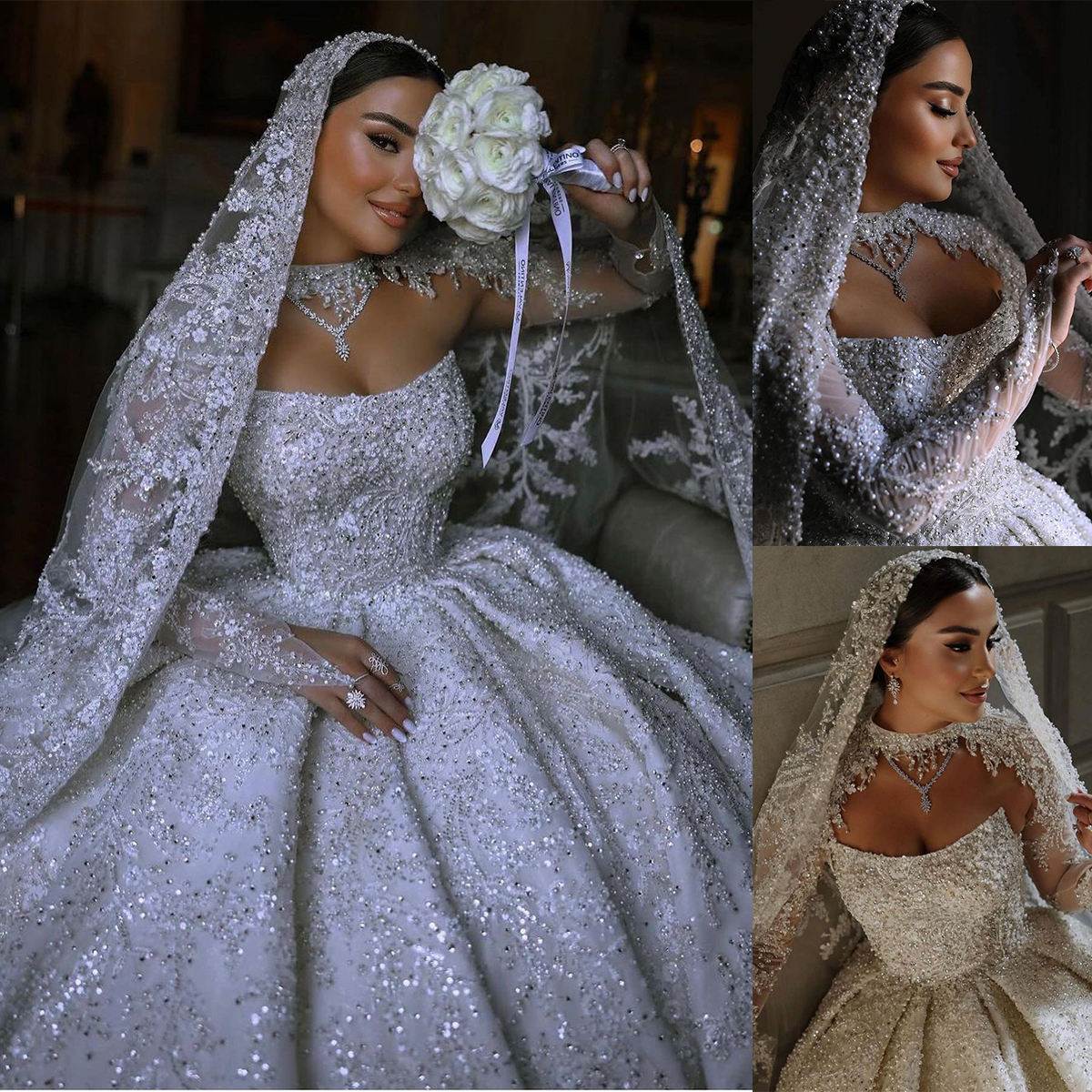 Luxurious Crystal Wedding Dresses Ball Gown High Neck Dresses Beading Pearls Sequined Lace vestidos de novia Custom Made