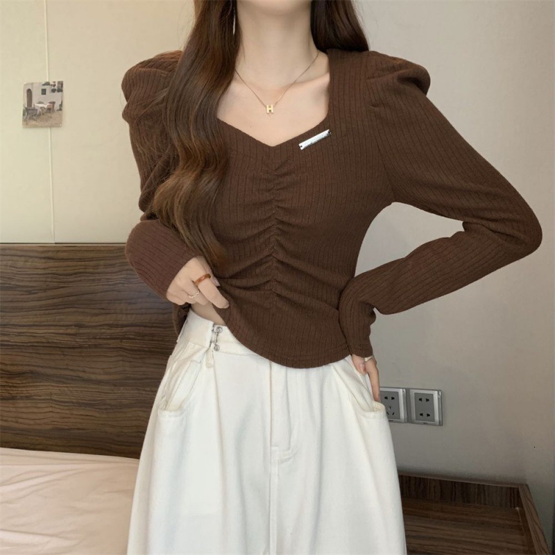 Pleated Short Sexy White Shirt Tops Female Spring Office Casual Blouse Shirts Women Puff Sleeve Solid V-Neck Blosues 12961 210508
