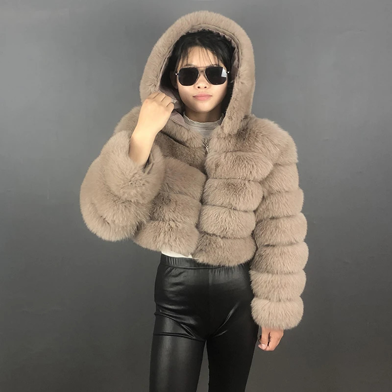 Women's Fur Faux Coat With Hood Winter Women Real Selling Style Cropped Clothing 231114