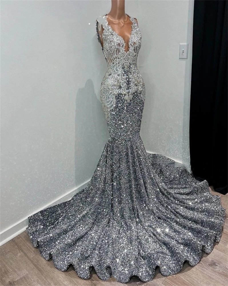 Sier Sheer O Neck Long Prom Dress For Black Girls 2024 Beaded Birthday Party Dresses Crystal Evening Gowns Sequined Robe De 322 6660311