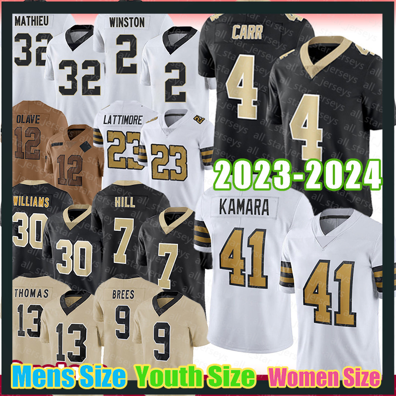 Drew Brees Tyrann Mathieu Alvin Kamara Football Jerseys Man Derek Carr New Orleanses Saintes Jameis Winston Chris Olave Marshon Lattimore Jamaal Williams A02