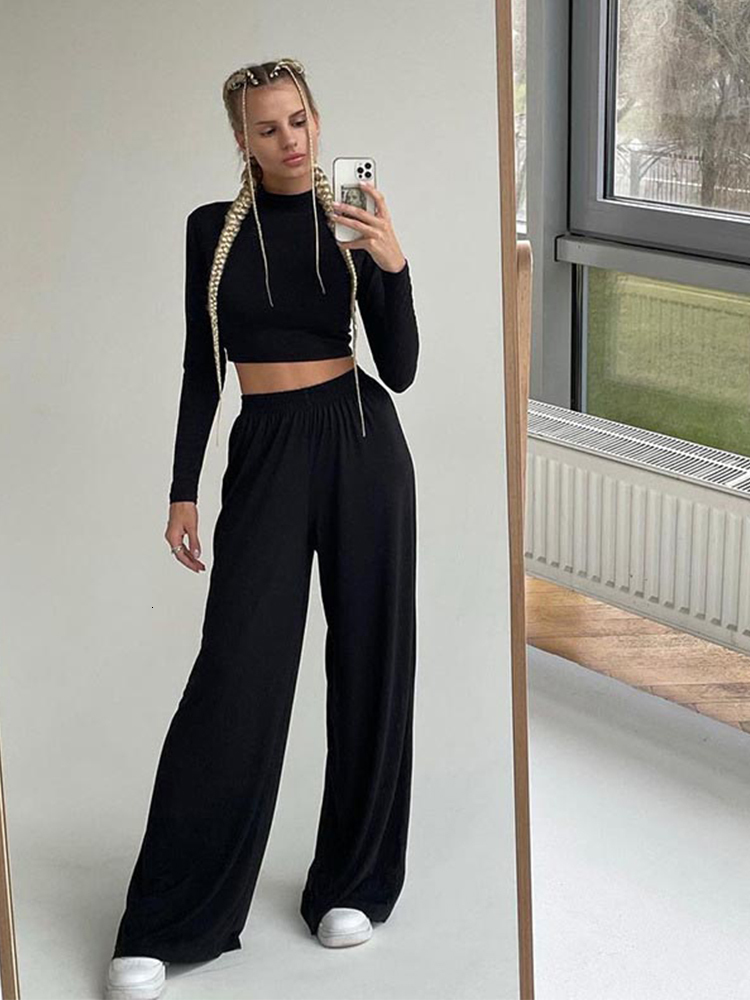 Women's Two Piece Pants Autumn Winter Women Solid Casual Fitness Tracksuit Set Outfits Long Sleeve Crop Tops Trouser Flare Pants 2 Two Piece Set 