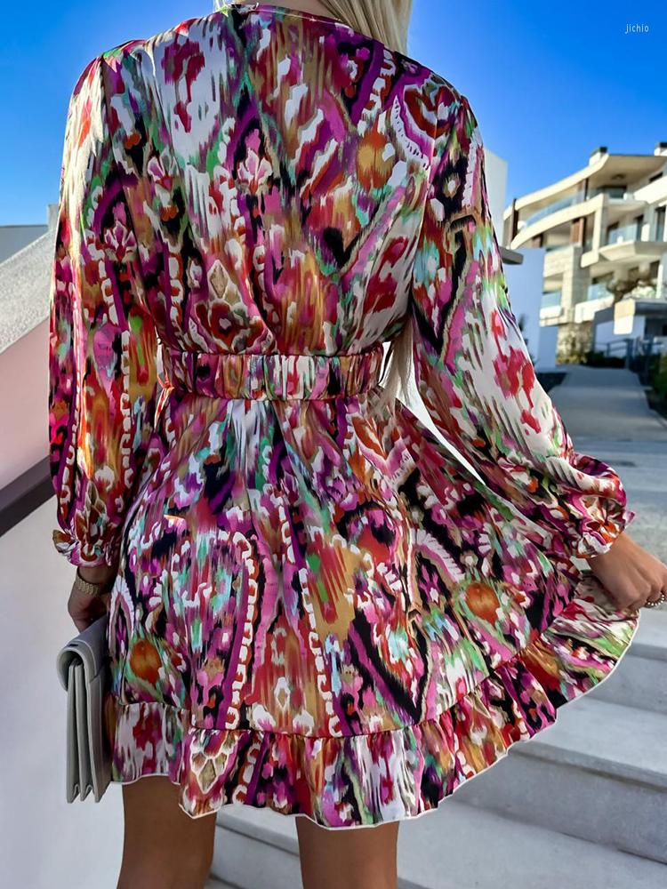 Casual Dresses Women Party Dress 2023 Loungewear Deep V-Neck Slim Fit Printing Fashion Mini Three Quarter Lantern Sleeve Ladies