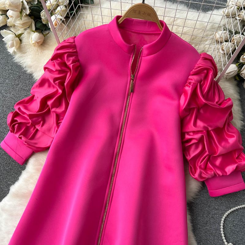 Women's Blouses Vestidos De Mujer Elegant Stand Neck Pleated Puff Long Sleeve Robe Femme Solid Color Zipper Loose Casual Dresses 2024