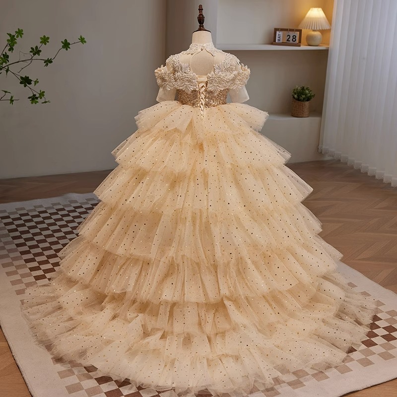 Luxurious Tutu Flower Girl Dresses Gold Crystals Pearls Necklace Lace Beaded Tiers Tulle Lilttle Kids Birthday Pageant Multilayer Sweep Train Weddding