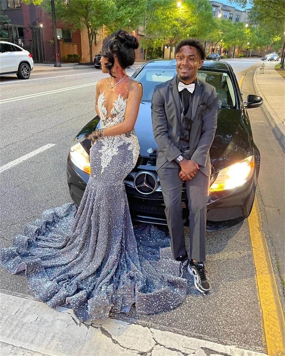 Sequin Grey Beaded Appliques Mermaid Prom Dress Ladies Dresses For Special Ocns Sexy Party Gowns Vestidos De Gala