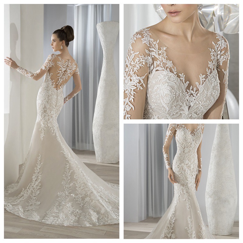 2023 Arabic White Mermaid Wedding Dresses sexy lace appliques Beaded Crystals illusion long sleeve Bridal Gowns Garden Bride Dresses new Spring Vestid