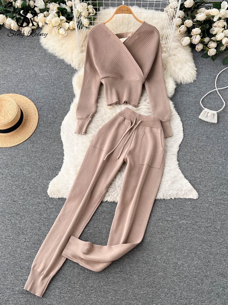 Women's Two Piece Pants SINGREINY Winter Casual Knitted Two Pieces Sutis V Neck Long Sleeve Sweater Elastic Casual Long Pants Sets Women Sweater 