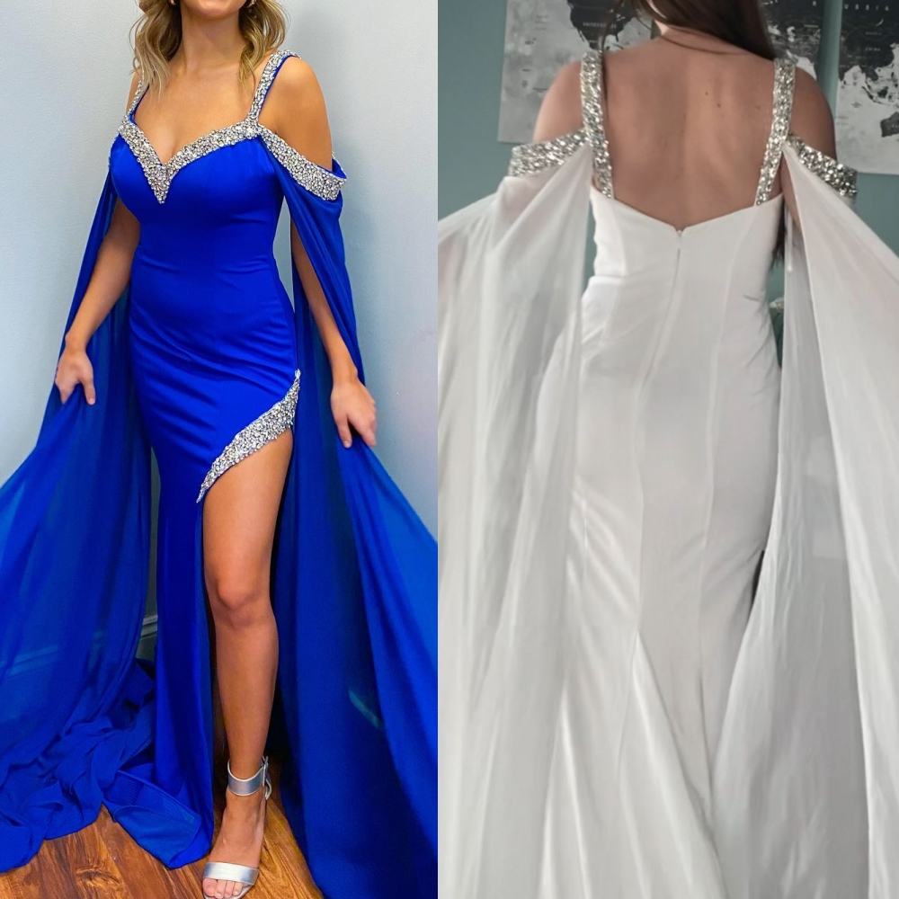 White Prom Dress 2k24 Chiffon Cape Stone Fitted Sexy Miss Pageant Winter Formal Evening Cocktail Party Hoco Gala Gown Mother of Bride Wedding Guest Bl