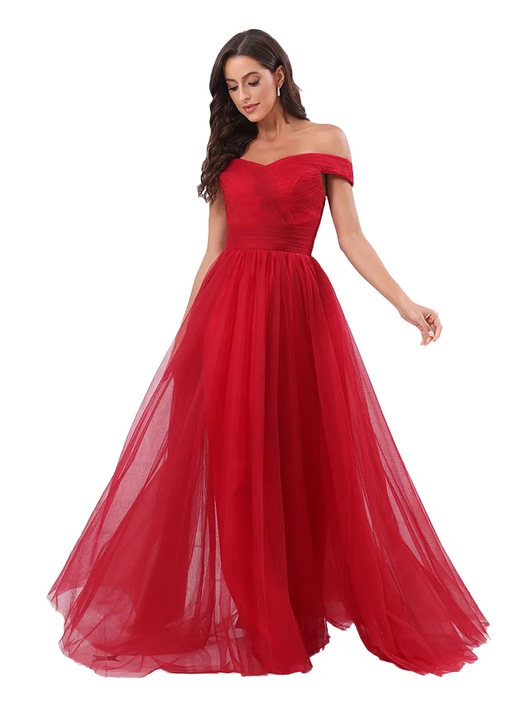 Elegant Burgundy Evening Dress 2024 Off Shoulder Pleats Lace Up Floor Length Tulle A-line Formal Prom Party Gowns Robe De Soiree