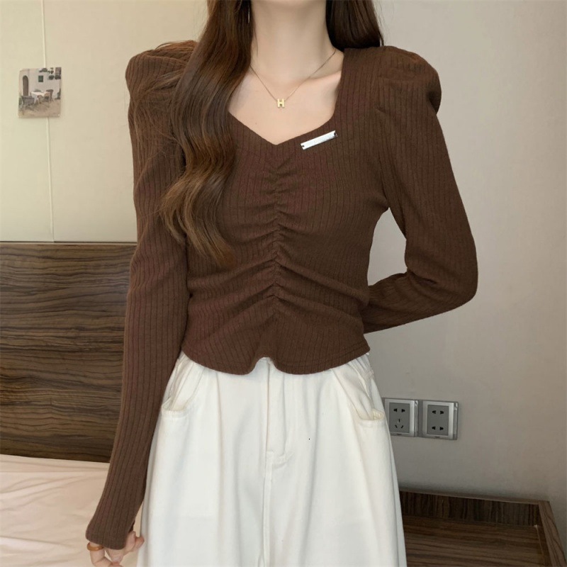 Pleated Short Sexy White Shirt Tops Female Spring Office Casual Blouse Shirts Women Puff Sleeve Solid V-Neck Blosues 12961 210508
