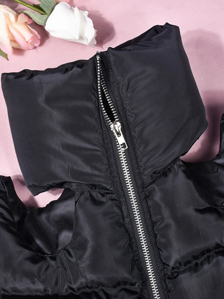 Women s Vests DEAT Fashion Women Cotton padded Coat Stand Collar Hollow Out Zip Black Symmetry Midriff baring Vest Autumn 2023 7AB115 231114