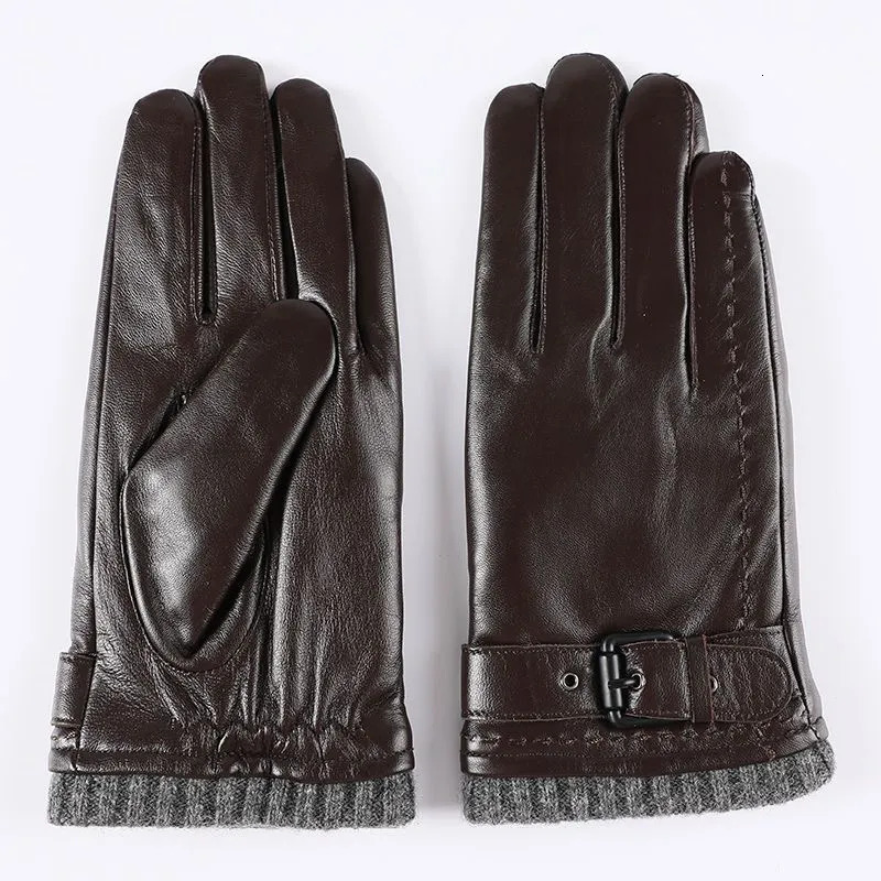Five Fingers Gloves Genuine Leather Gloves For Men Male Sheepskin Touch Screen Winter Warm Windproof Mittens Driving Cycling Motorcycle Men's Glo