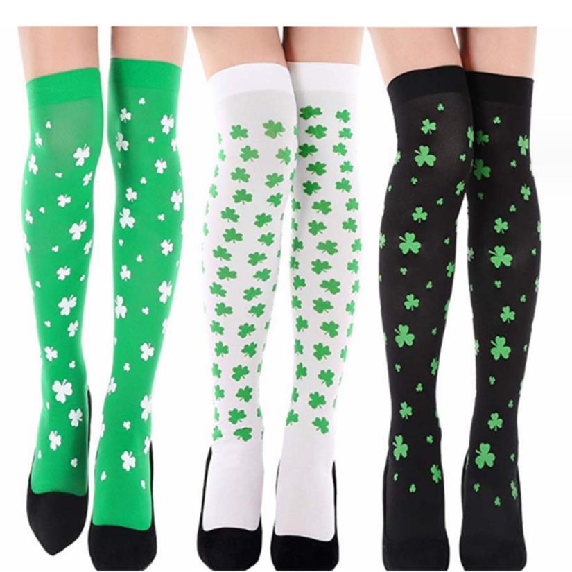 Irish Green Stockings Clover Striped Socks Over Knee Socks St. Patrick's Day Party Striped Socks Silk Socks Set