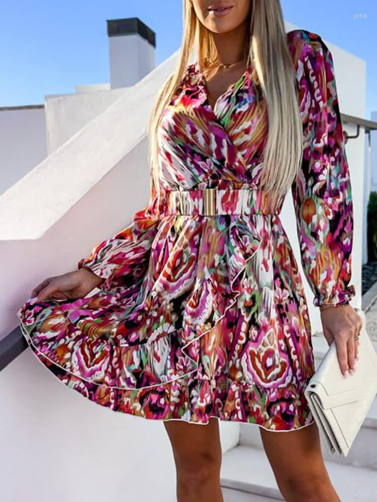 Casual Dresses Women Party Dress 2023 Loungewear Deep V-Neck Slim Fit Printing Fashion Mini Three Quarter Lantern Sleeve Ladies