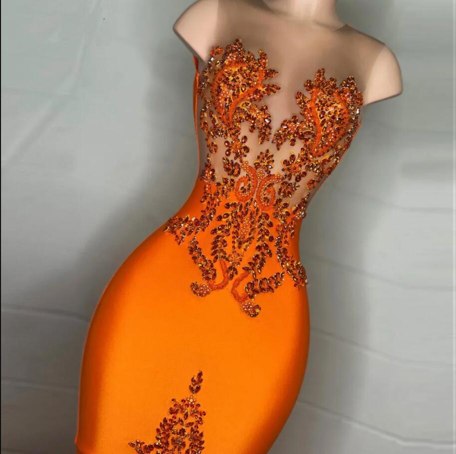 Orange Feathers mermaid Prom Dresses 2023 Crystal Beading gillter African Girls sheer o-neck Party Gowns Long aso ebi Evening Dress