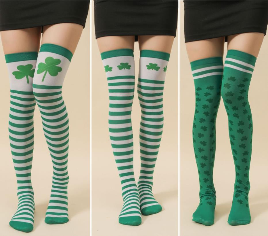 Irish Green Stockings Clover Striped Socks Over Knee Socks St. Patrick's Day Party Striped Socks Silk Socks Set