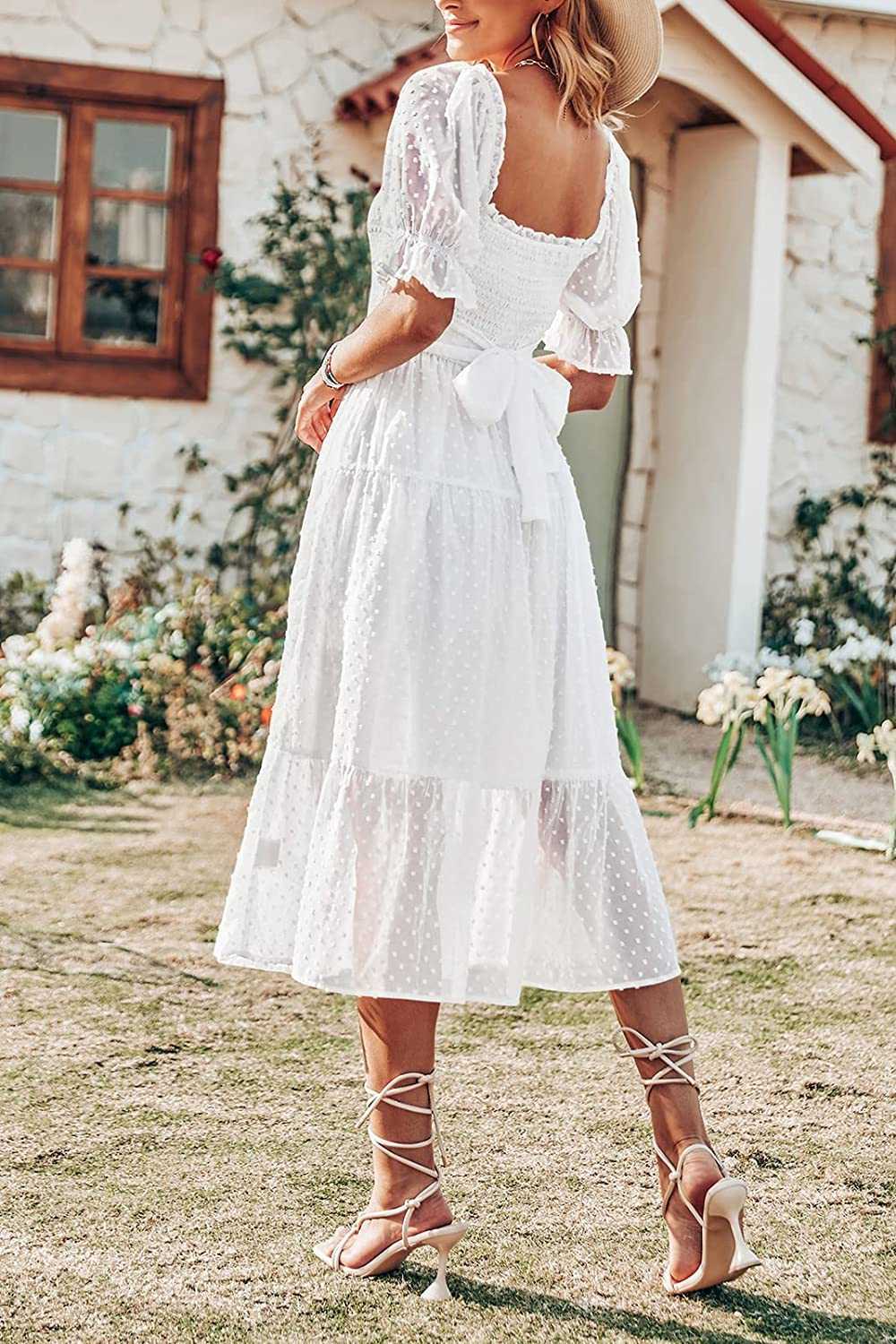 Fashion Women's Casual Dresses Summer Square Neck Puff Sleeve Boho Midi Dress Swiss Dot Ruffle Flowy Tie Back Dress