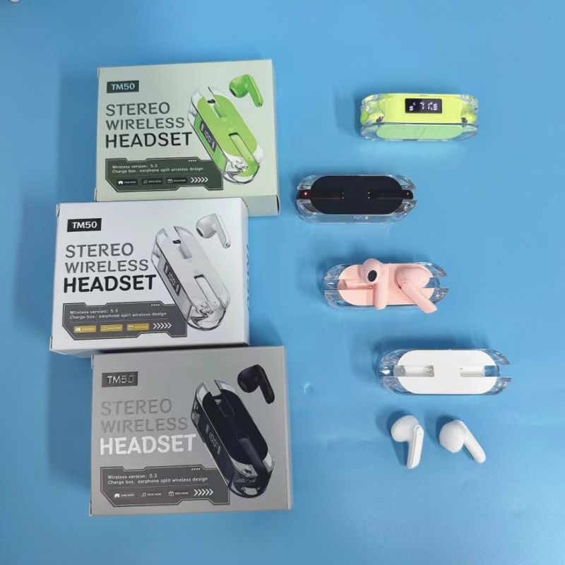 TWS Bluetooth headphone TM50 Model In-ear Earphone Wireless Earphone Mirror screen LED display Two Earbuds with built-in Microphone high Quality Headp