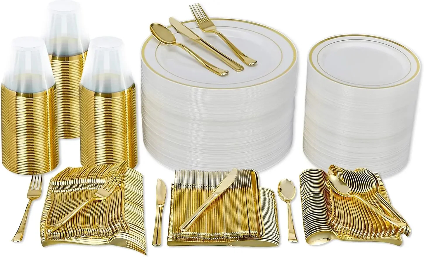 Disposable Flatware 600 Piece Gold Plastic Dinnerware Set 100 Guests Plates for Party 231115