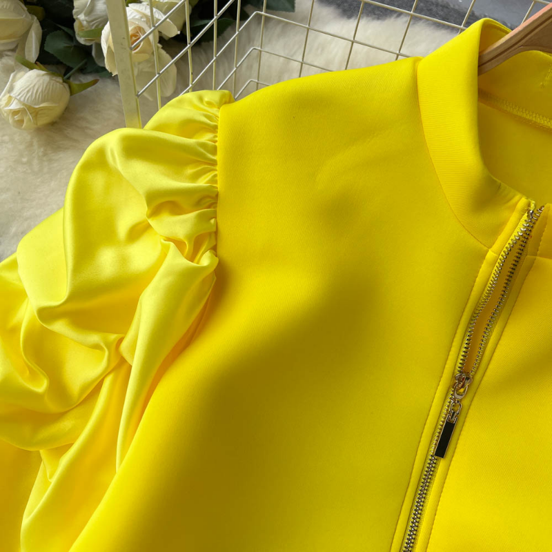 Women's Blouses Vestidos De Mujer Elegant Stand Neck Pleated Puff Long Sleeve Robe Femme Solid Color Zipper Loose Casual Dresses 2024