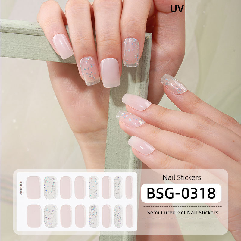 16PCS Semi Cured Gel Nail Polish Strips for Full Wrap Gel Nail Art Sticker of Waterproof with Nail File and Stick