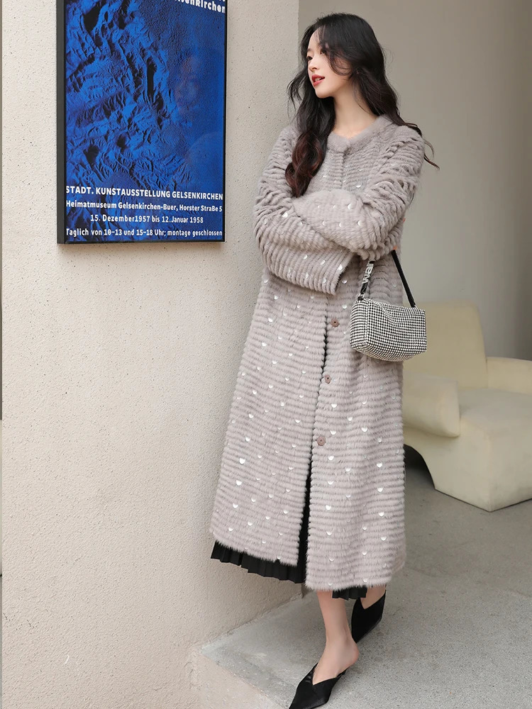 Women's Fur Faux HDHOHR 2023 High Quality Knitted Mink Coats Fashion Natural Jacket Mermaid decoration Long Winter Female Warm Coat 231114
