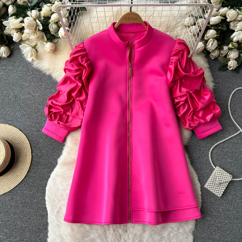 Women's Blouses Vestidos De Mujer Elegant Stand Neck Pleated Puff Long Sleeve Robe Femme Solid Color Zipper Loose Casual Dresses 2024