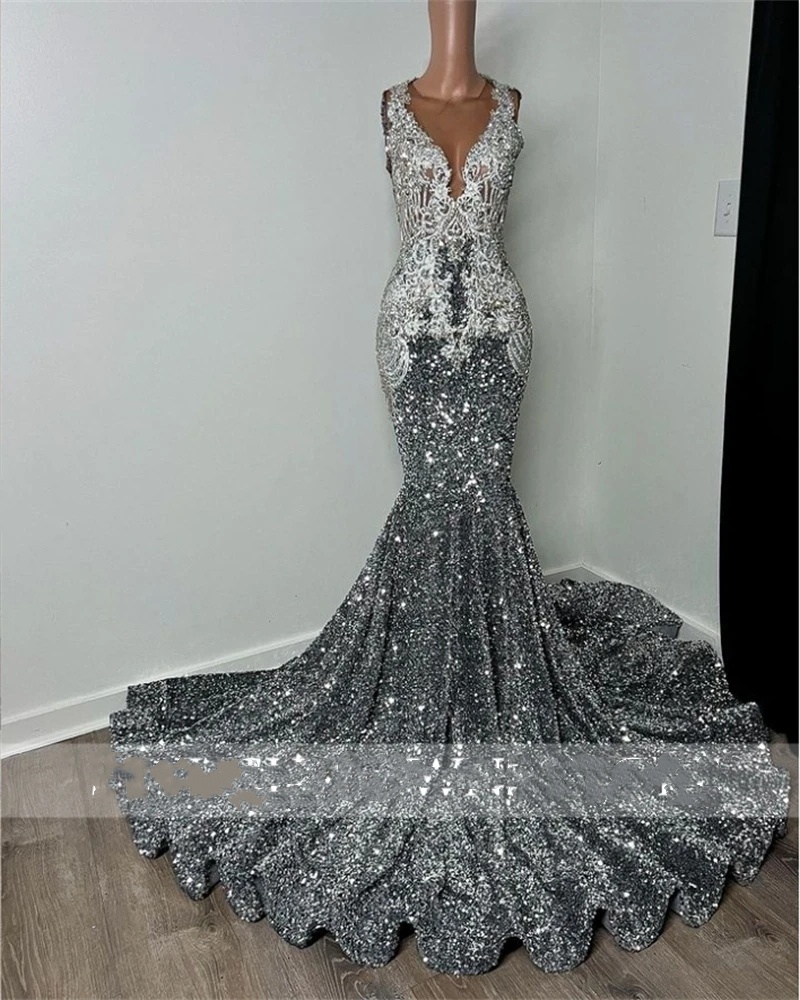 Sier Sheer O Neck Long Prom Dress For Black Girls 2024 Beaded Birthday Party Dresses Crystal Evening Gowns Sequined Robe De 322 6660311