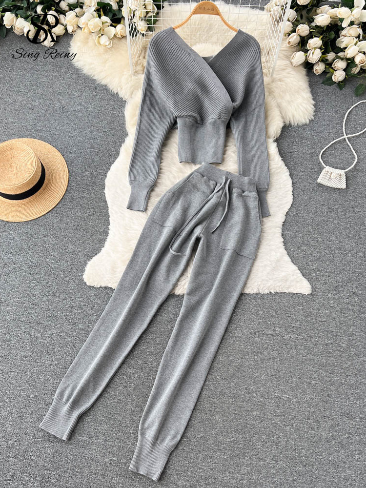 Women's Two Piece Pants SINGREINY Winter Casual Knitted Two Pieces Sutis V Neck Long Sleeve Sweater Elastic Casual Long Pants Sets Women Sweater 