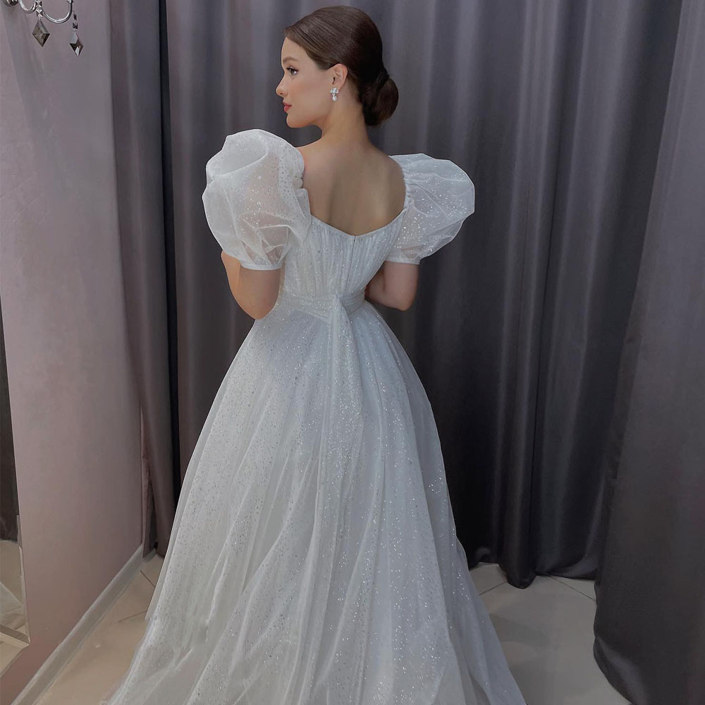 Glitter Short Puffy Sleeve A Line Wedding Dresses Pleat Boho Bridal Gown Sweetheart Sweep Train Robe De Mariee 0516