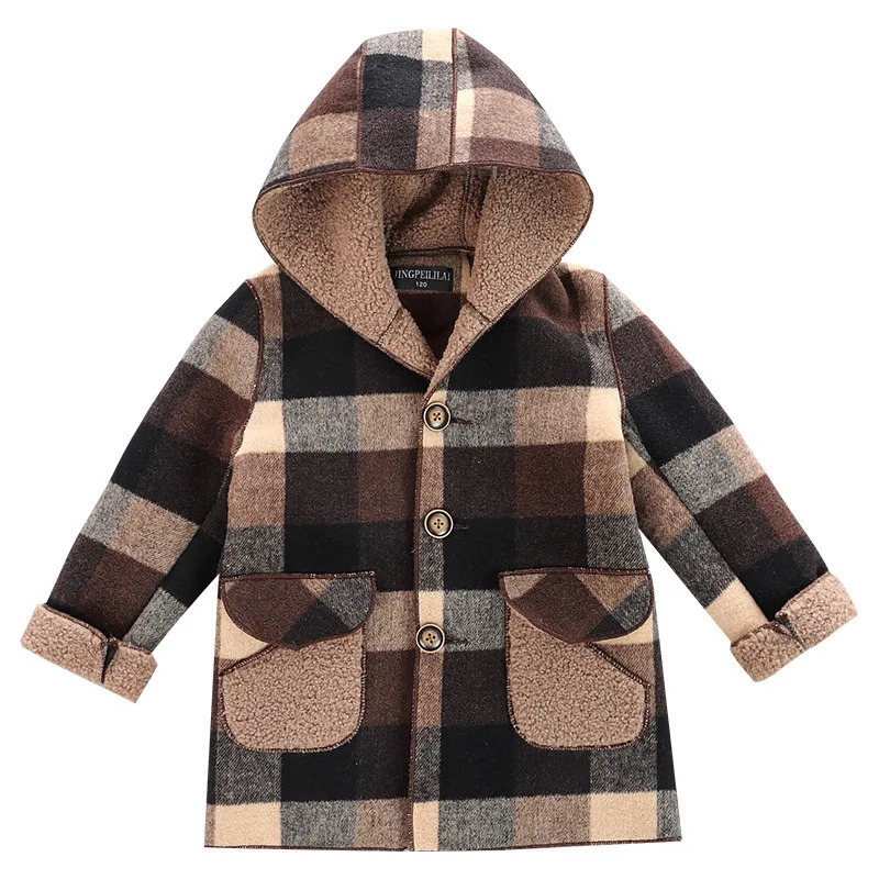 Coat Fashion Boys Clothing Jackets Autumn Winter Parka Clothes Medium Long Windbreaker Plaid Thicken Lamb Children Woolen Coats 231115