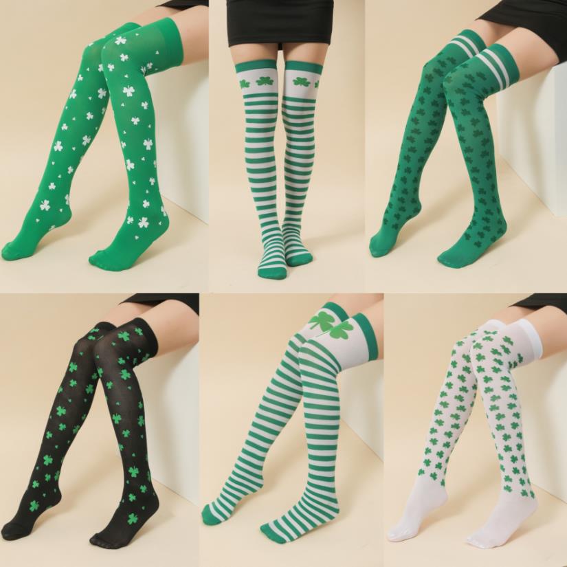Irish Green Stockings Clover Striped Socks Over Knee Socks St. Patrick's Day Party Striped Socks Silk Socks Set