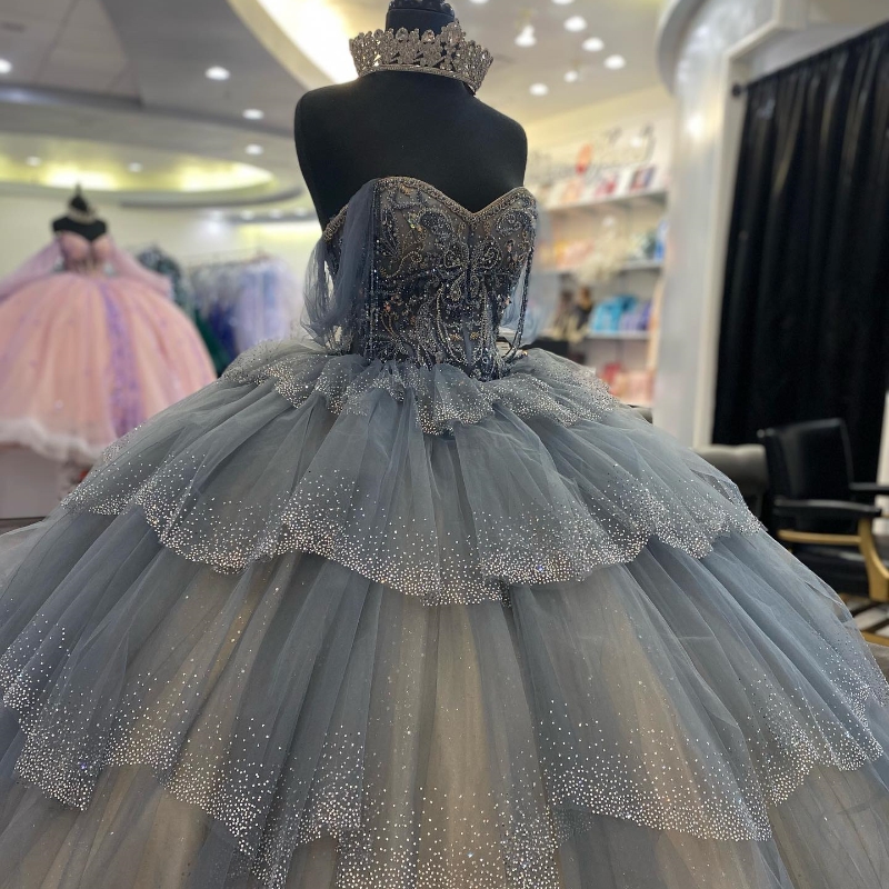Grey Shiny Quinceanera Dresses Year Ball Gown Sexy Sweetheart Off The Shoulder Beads Long Party Dress For Girl 6660306