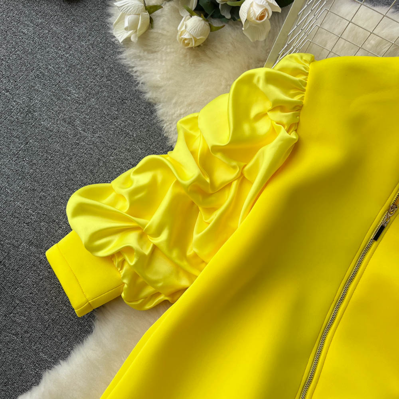 Women's Blouses Vestidos De Mujer Elegant Stand Neck Pleated Puff Long Sleeve Robe Femme Solid Color Zipper Loose Casual Dresses 2024