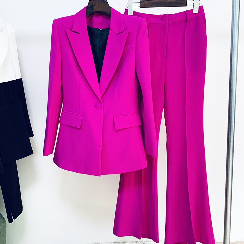 Women's Two Piece Pants Blazer Pantsuits Two Piece Set Office Ladies Women Yellow Purple Business Single Buttons Flared Pants Blazer Pants Formal