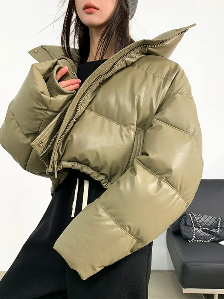 Women s Down Parkas Jmprs American Biker Women Pu Puffy Coat Winter Retro Cropped Casual Thick Warm Lady Long Sleeve Loose Cotton Coats 231114