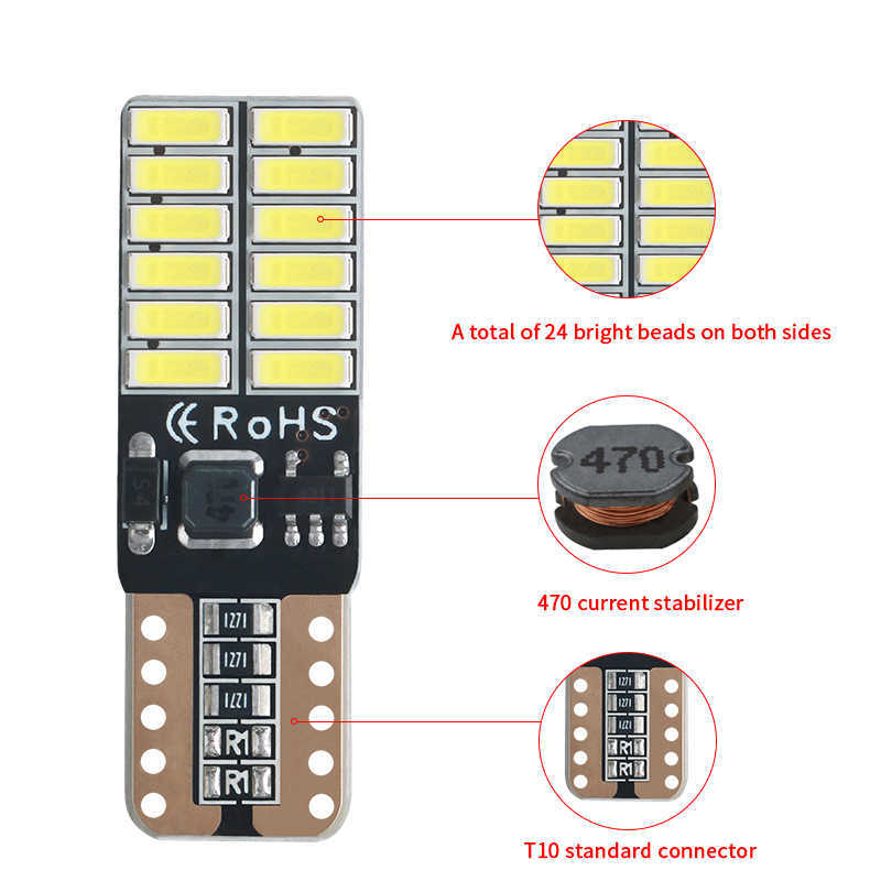 New 10pcs IC T10 LED Bulb Canbus 5W5 Car W5W LED Signal Light 12V 6000K Auto Wedge Side Interior Dome Reading Lamps 4014 24SMD White