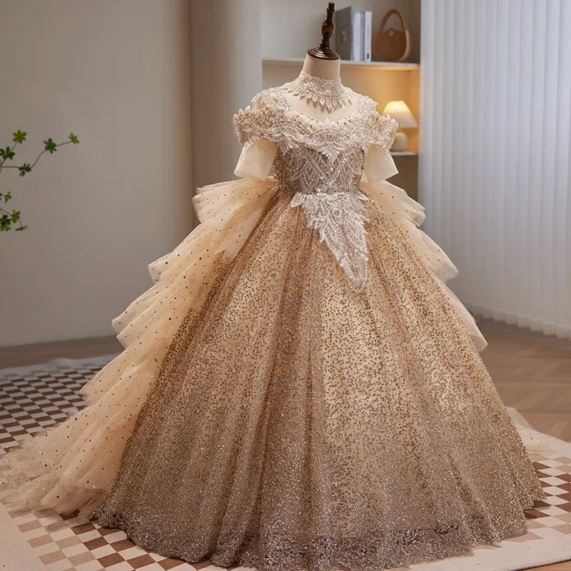Luxurious Tutu Flower Girl Dresses Gold Crystals Pearls Necklace Lace Beaded Tiers Tulle Lilttle Kids Birthday Pageant Multilayer Sweep Train Weddding
