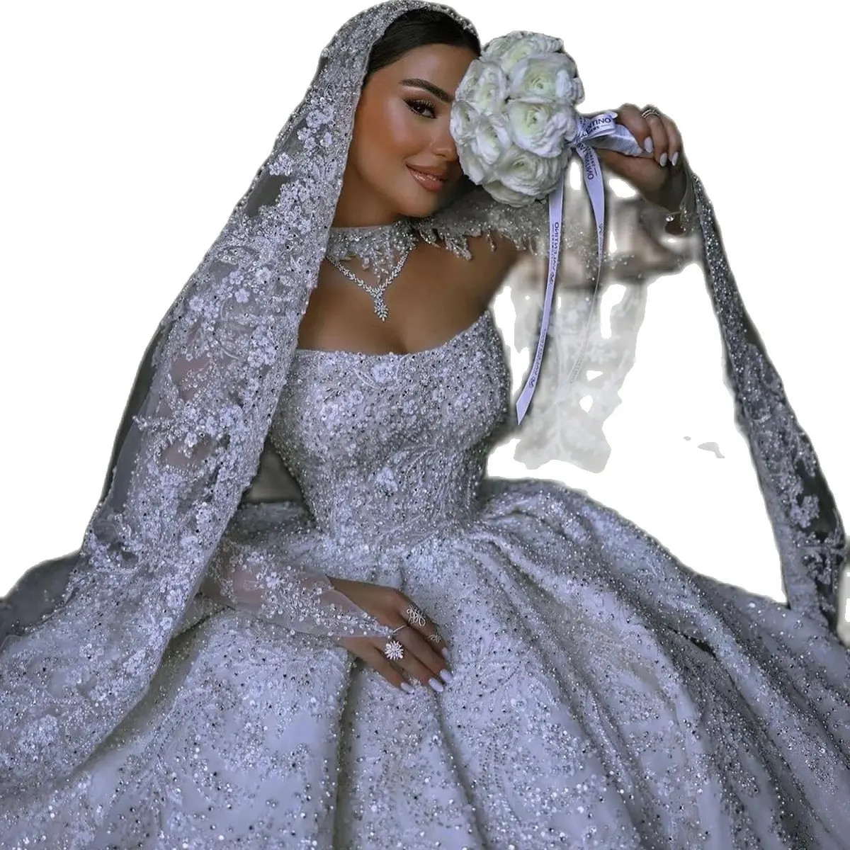 Luxurious Crystal Wedding Dresses Ball Gown High Neck Dresses Beading Pearls Sequined Lace vestidos de novia Custom Made