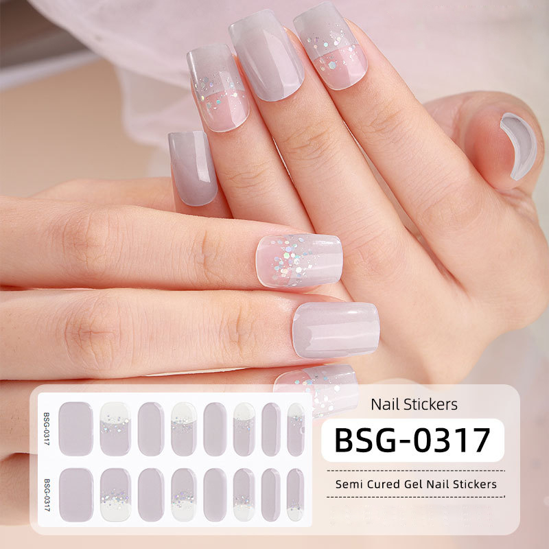 16PCS Semi Cured Gel Nail Polish Strips for Full Wrap Gel Nail Art Sticker of Waterproof with Nail File and Stick