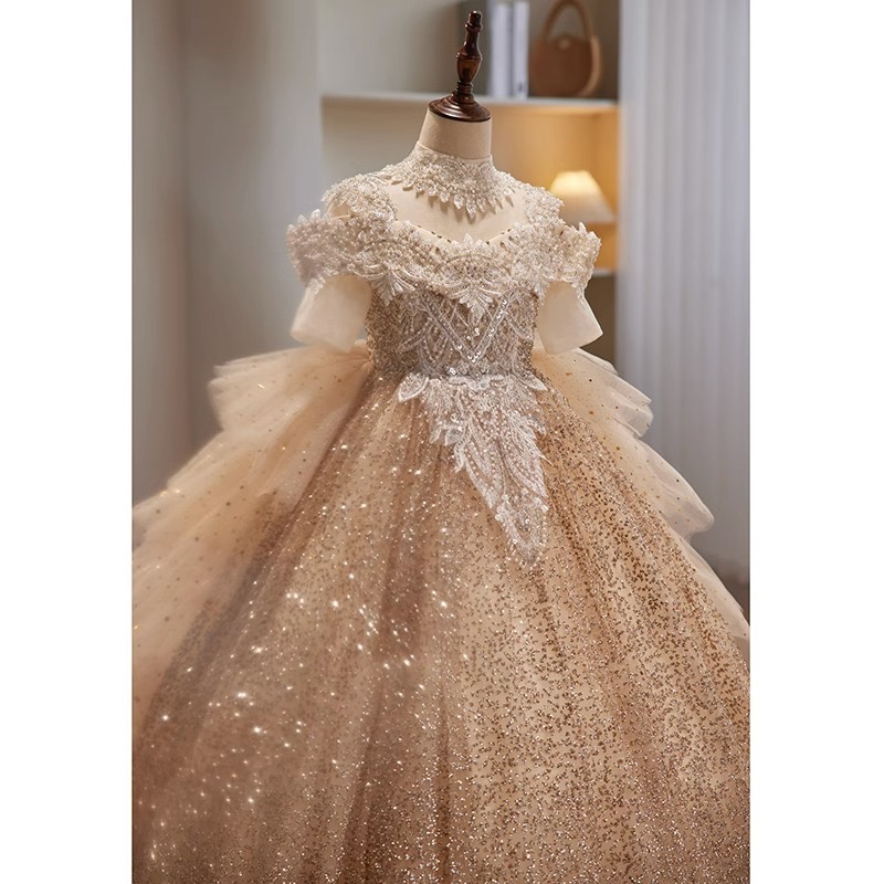 Luxurious Tutu Flower Girl Dresses Gold Crystals Pearls Necklace Lace Beaded Tiers Tulle Lilttle Kids Birthday Pageant Multilayer Sweep Train Weddding